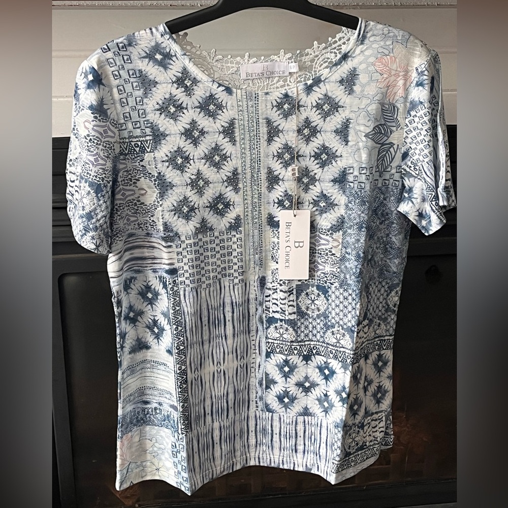 Blue & White Patchwork Short Sleeve Tee